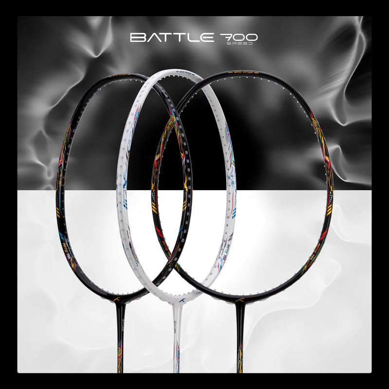 Hundred Battle 700 Speed badminton racket colorway lineup, black and white frames