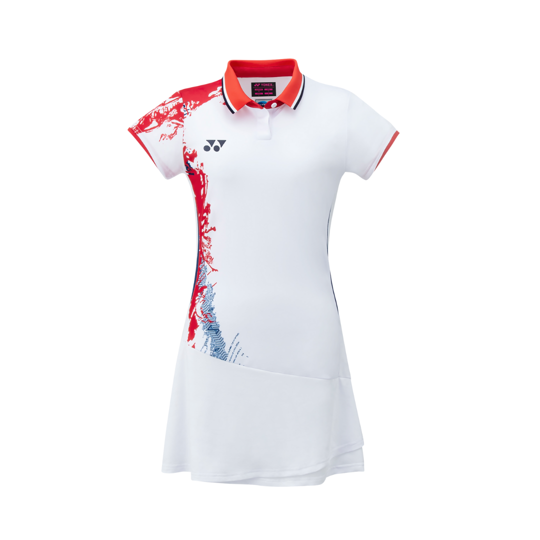 Yonex 20680EX women's badminton dress in white with red graphic, front view