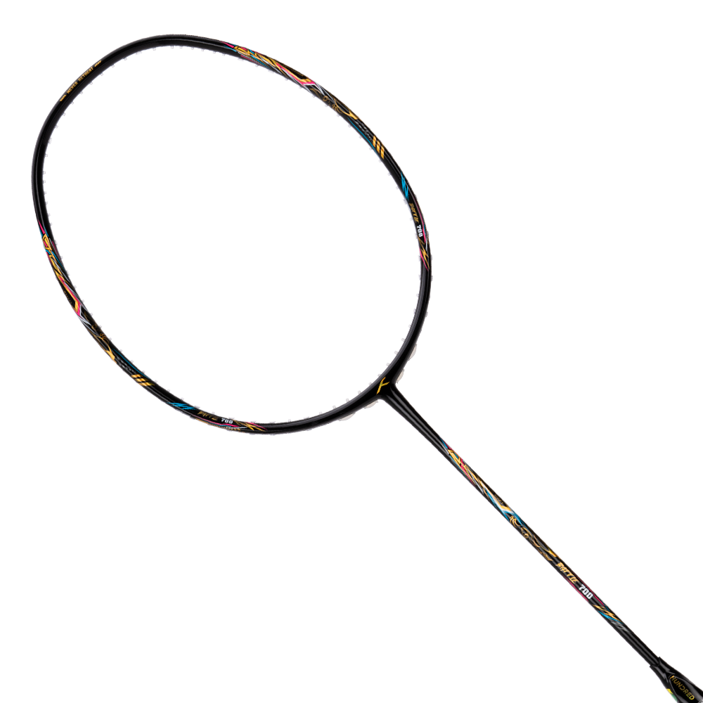 Hundred Battle 700 4U badminton racket in Black/Gold/Blue, full racket view