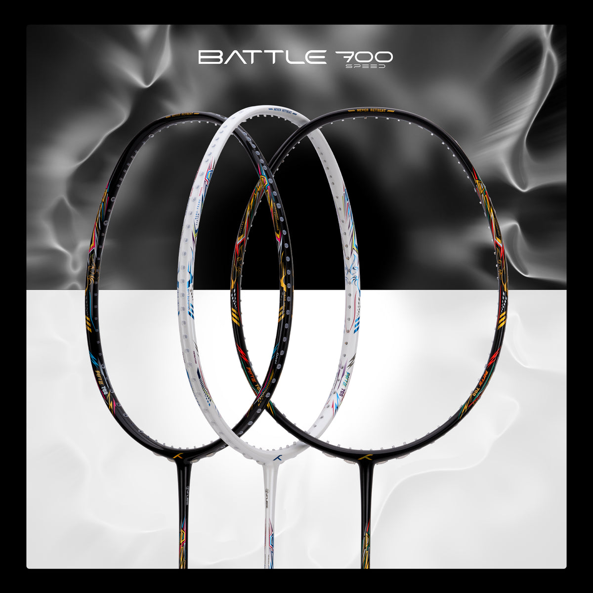 Hundred Battle 700 Speed badminton racket colorway lineup, black and white frames