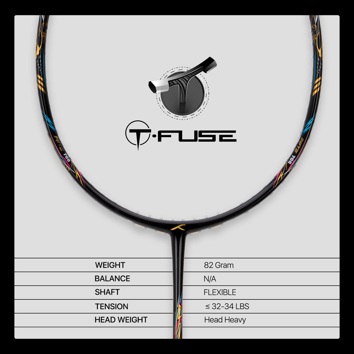 Hundred Battle 700 T-Fuse joint and specifications: 82 g, flexible shaft, 32-34 lbs max tension, head heavy