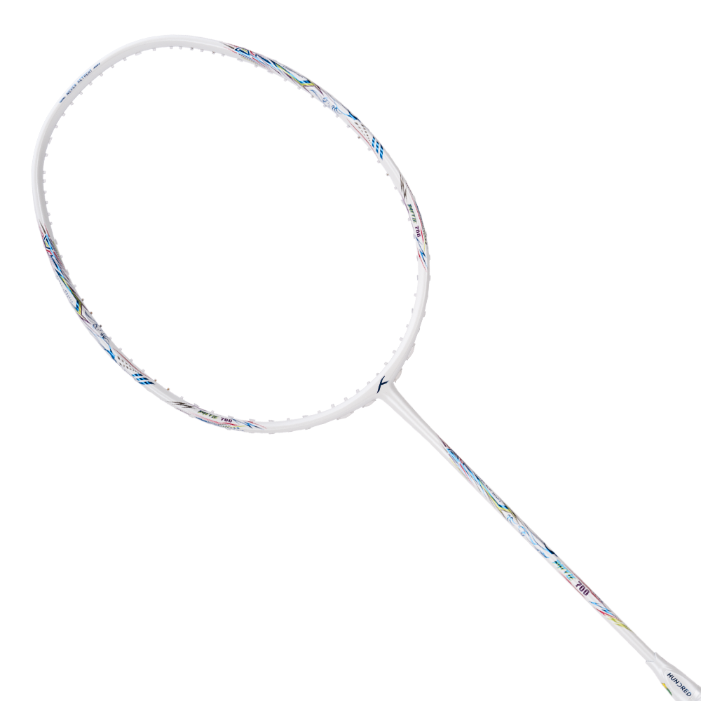 Hundred Battle 700 4U badminton racket in White/Blue/Green, full racket view