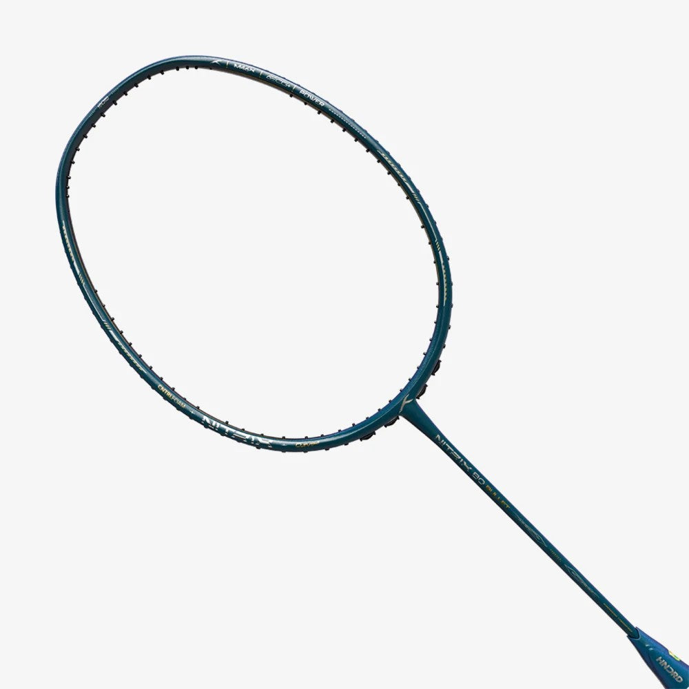 Hundred Nitrix 80 Bullet racket head at an angle showing the Nitro Blue graphics