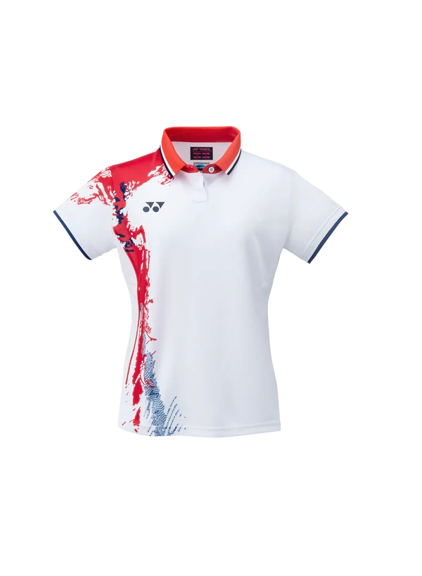 Yonex 20679EX women's Olympic badminton competition top in white with red graphic, front view