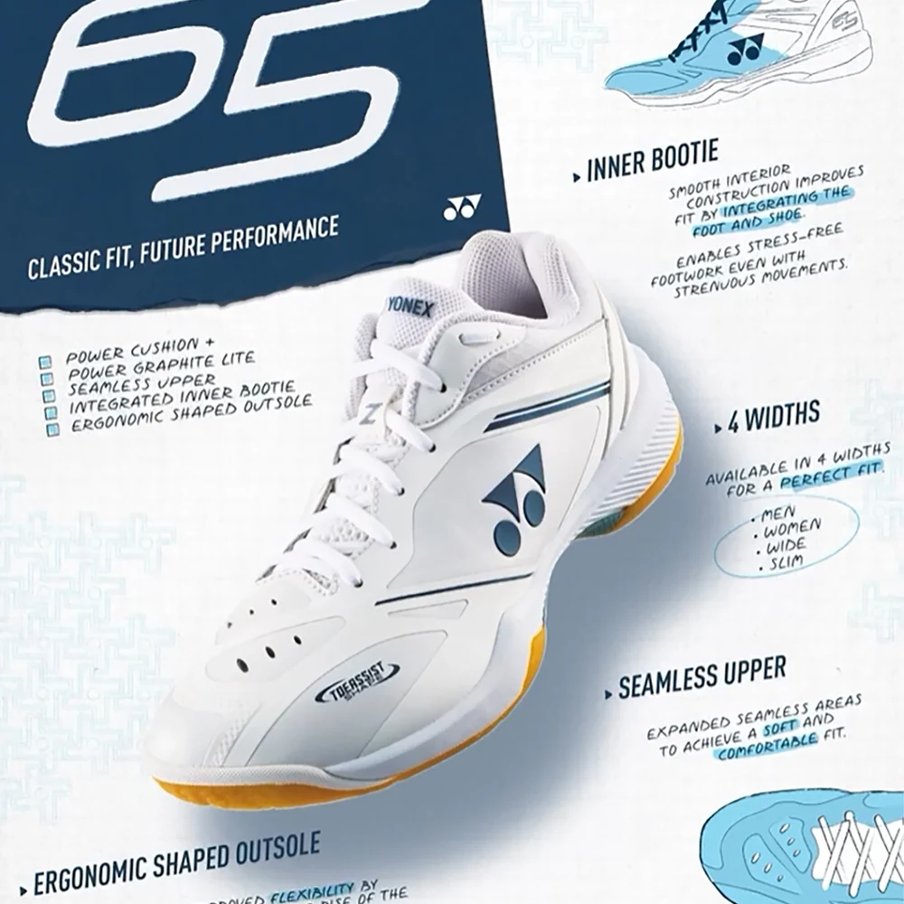 Yonex Power Cushion 65 Z4 features: Power Cushion+, Power Graphite Lite, seamless upper, inner bootie, ergonomic shaped outsole
