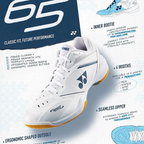 Yonex Power Cushion 65 Z4 features: Power Cushion+, Power Graphite Lite, seamless upper, inner bootie, ergonomic shaped outsole